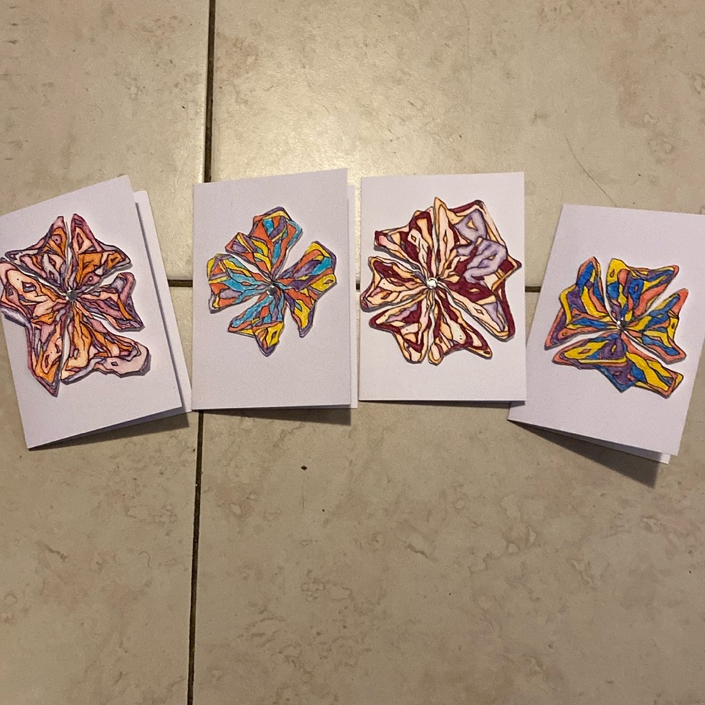 4 Pack of Original Blank Art Cards Each w a Unique Watercolour Flower Cutouts